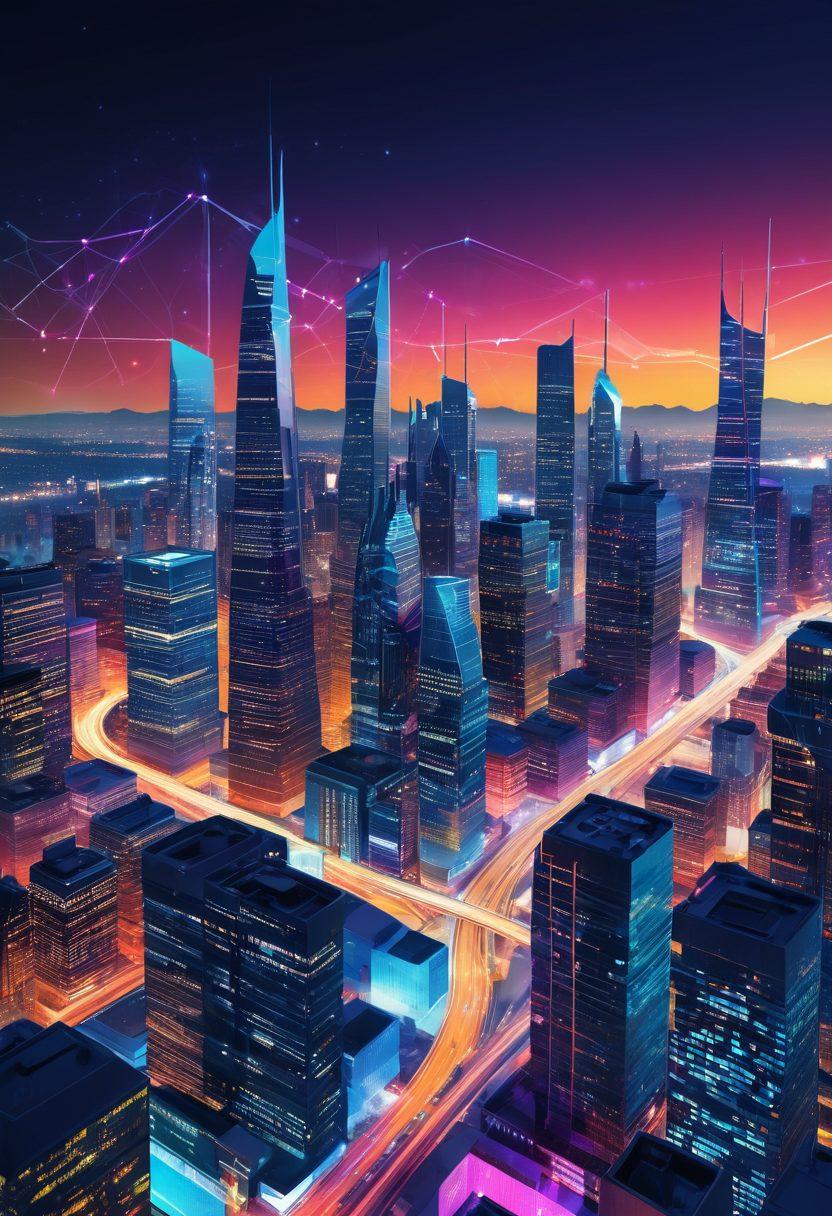 A dynamic and vibrant visual representation of predictive analytics, featuring futuristic data graphs, intertwined with expansive city skylines symbolizing business growth. Include elements like charts, algorithms, and glowing numbers, to depict technology at work. The overall color scheme should be energetic and engaging, with a sense of motion and progress. digital art. futuristic. vibrant colors.