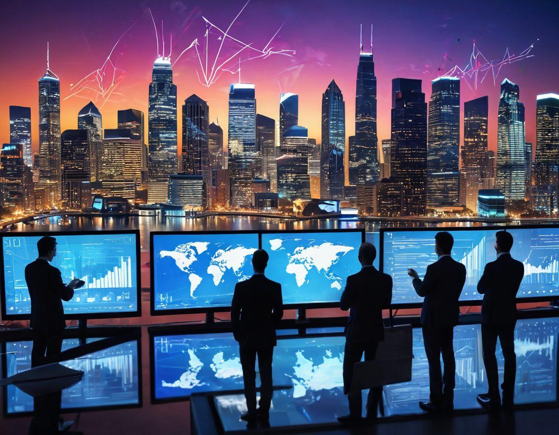 A vibrant collage illustrating the concept of data analysis impacting business strategy and success, featuring a futuristic city skyline intertwined with digital graphs and charts, a diverse group of professionals analyzing data on high-tech screens, and bright arrows symbolizing growth and transformation. The color scheme should be dynamic and energetic, conveying a sense of innovation and progress. super-realistic. vibrant colors. 3D.