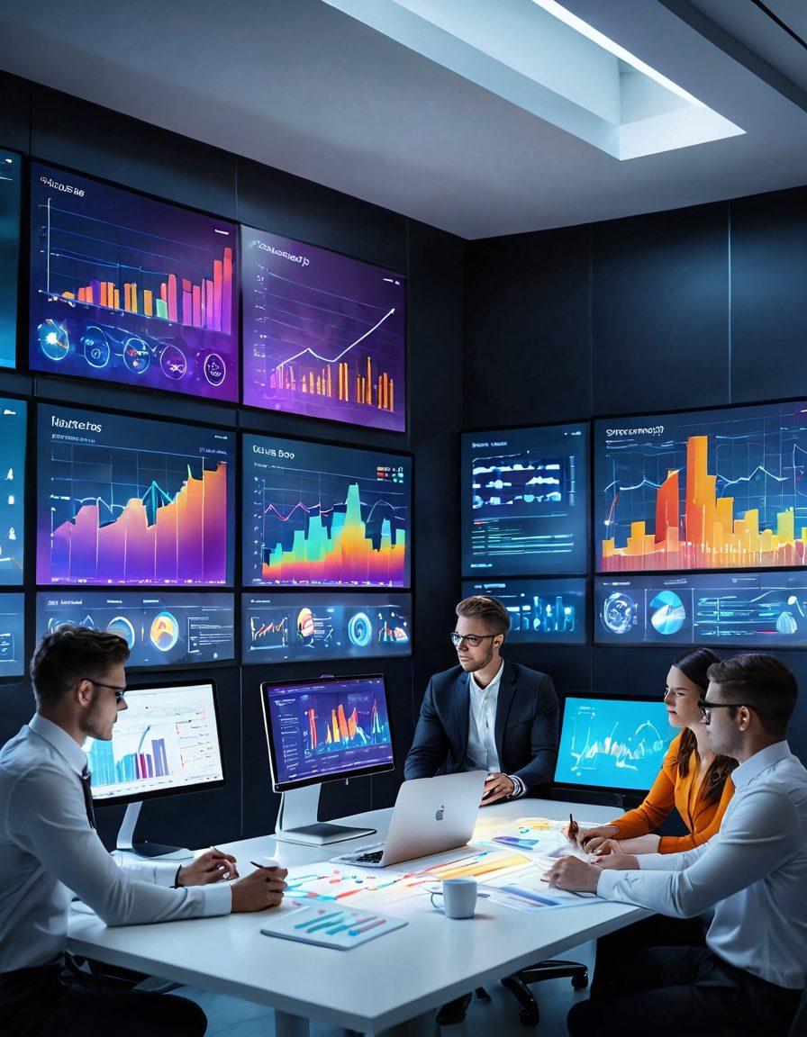 A futuristic office scene with a diverse team analyzing large digital screens filled with colorful data visualizations and graphs. Include elements like charts, glowing data points, and brainstorming notes scattered on the table. Infuse a sense of innovation and collaboration, showing a clear path to success. super-realistic. vibrant colors. modern business setting.
